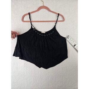 E M Women Cami Tank Top Size L Metal Ring Detail Handkerchief Hem Black